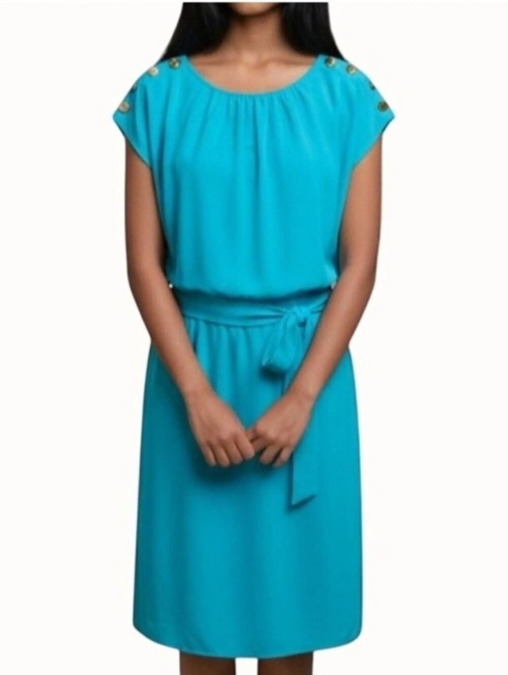 Guess Turquoise Belted Mini Dress Cap Sleeve Gold Button Shoulder Summer Chic 2